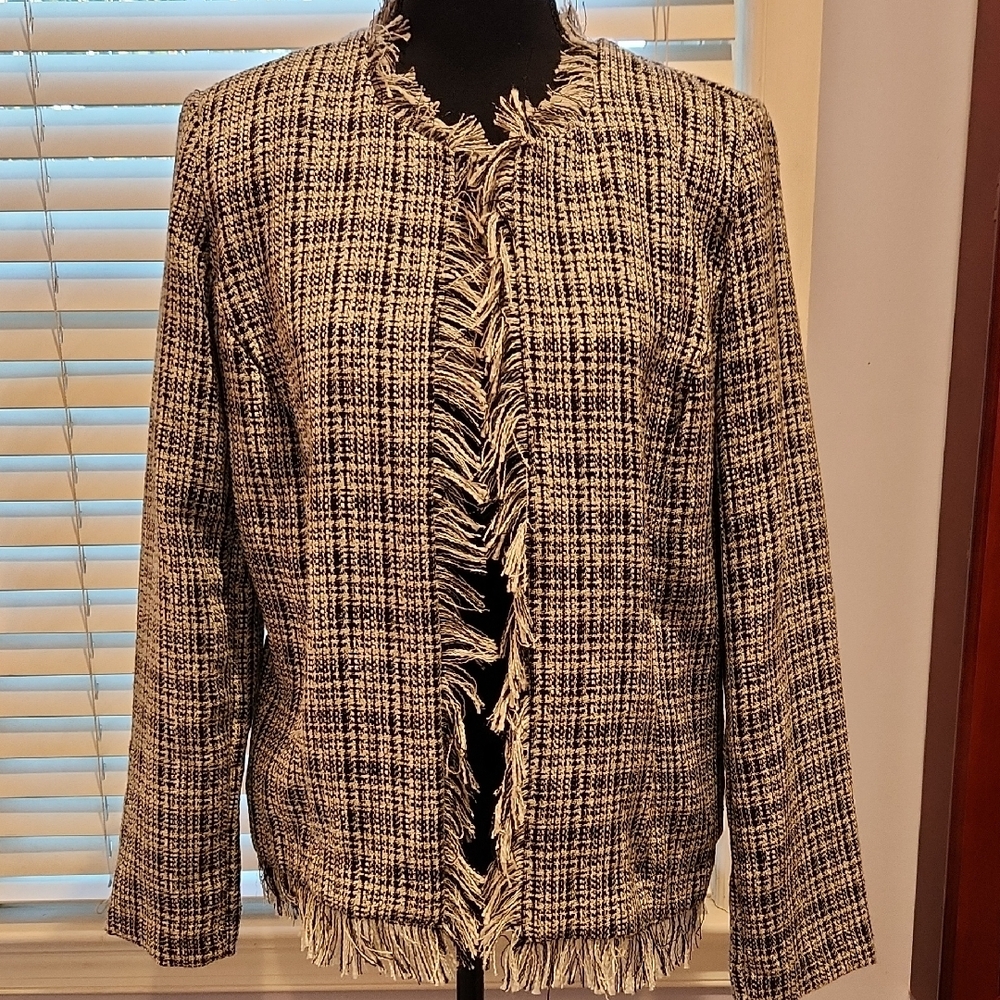 Courtenay Black and White Blazer with Fringe Detail